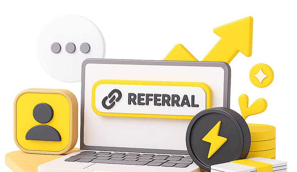Referral program illustration showing network connections and earnings